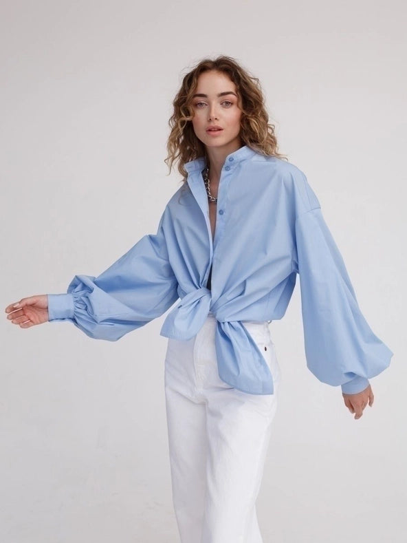 Ladies Solid Color Balloon Sleeves Shirt Sky Blue-Shirt-Sweetkama-S-Urbanheer