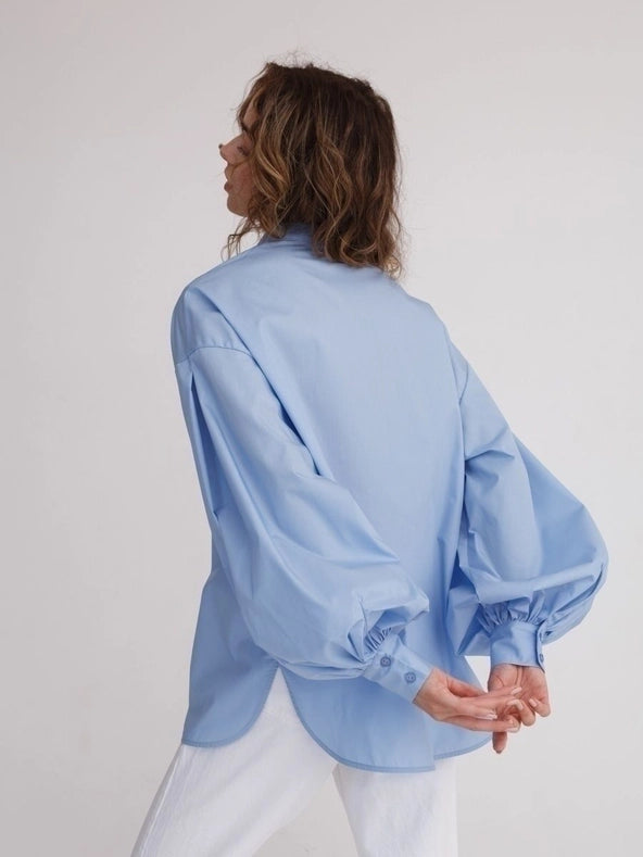 Ladies Solid Color Balloon Sleeves Shirt Sky Blue-Shirt-Sweetkama-S-Urbanheer