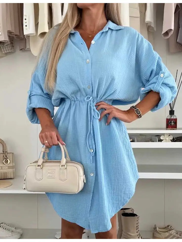 Ladies Solid Color Turndown Collar Long Sleeves Midi Dress-Dress-Sweetkama-S-Sky Blue-Urbanheer