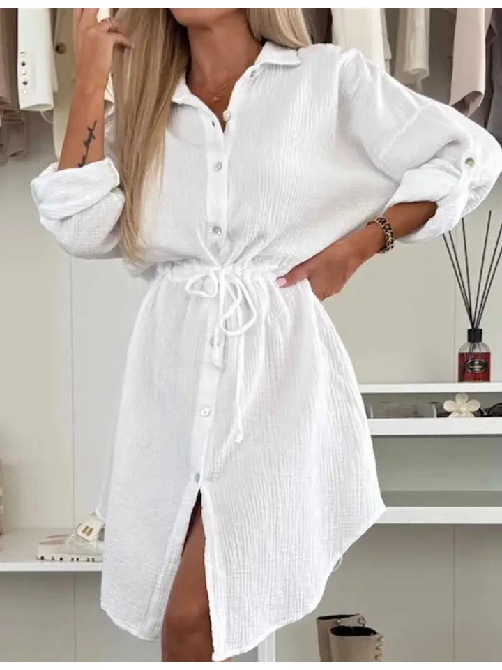 Ladies Solid Color Turndown Collar Long Sleeves Midi Dress-Dress-Sweetkama-S-White-Urbanheer