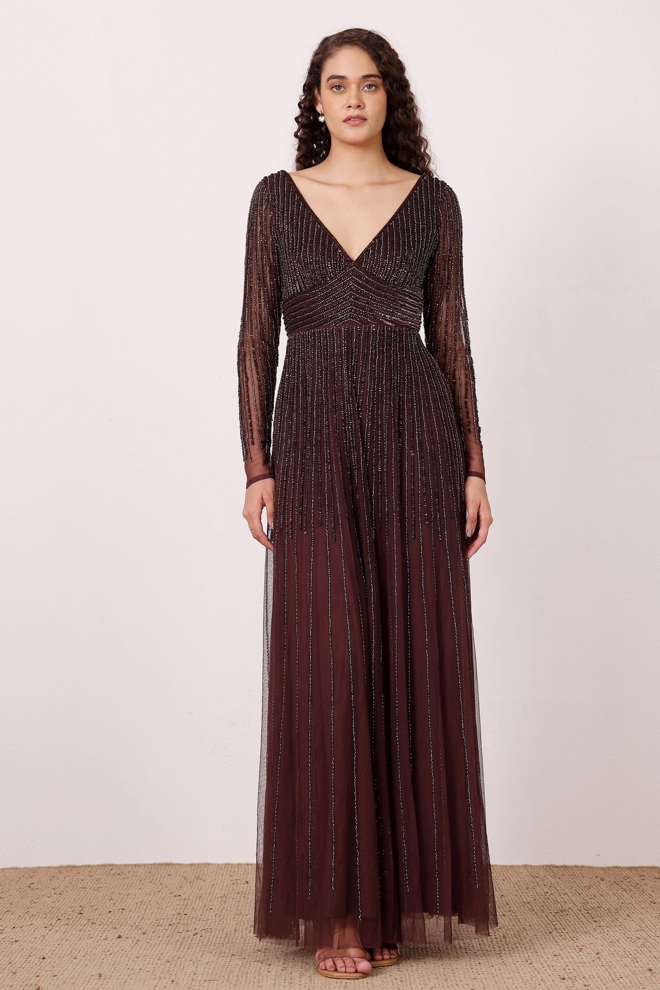Laura Embellished Maxi Dress in Coffee Brown