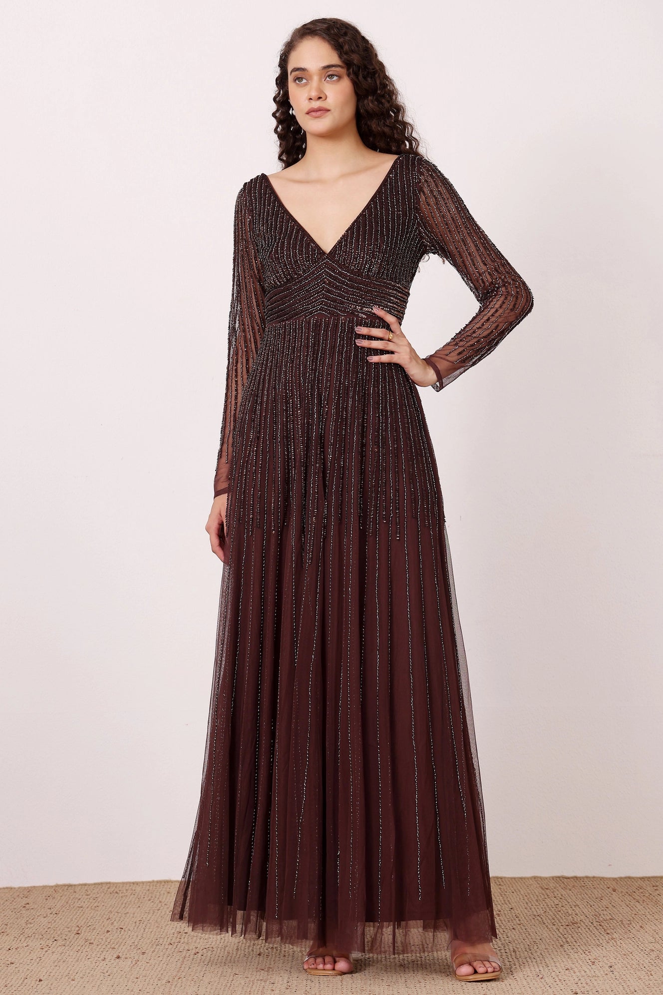 Laura Embellished Maxi Dress in Coffee Brown
