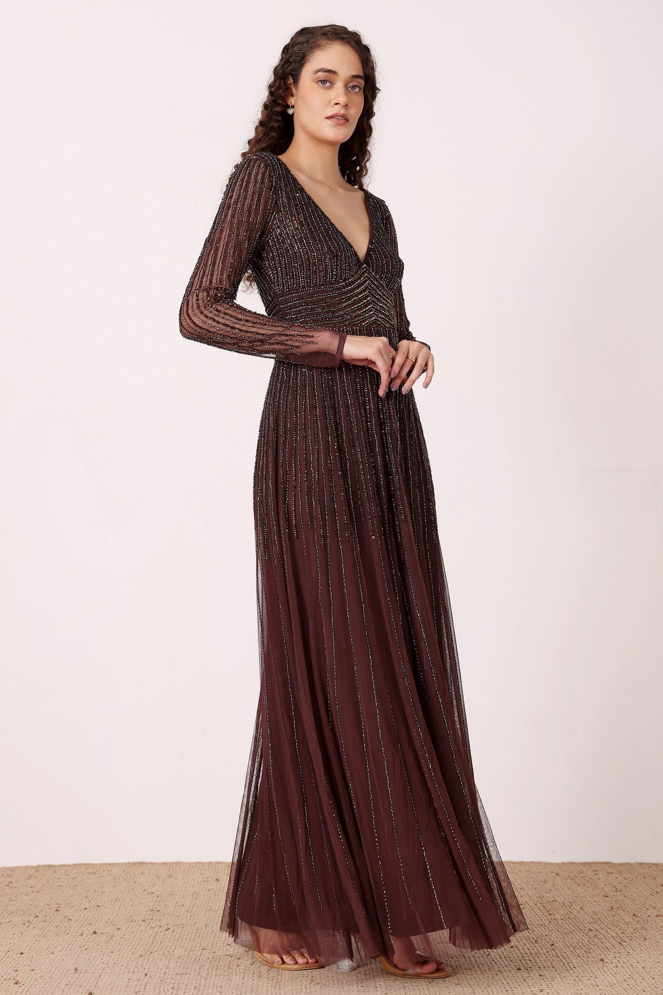 Laura Embellished Maxi Dress in Coffee Brown