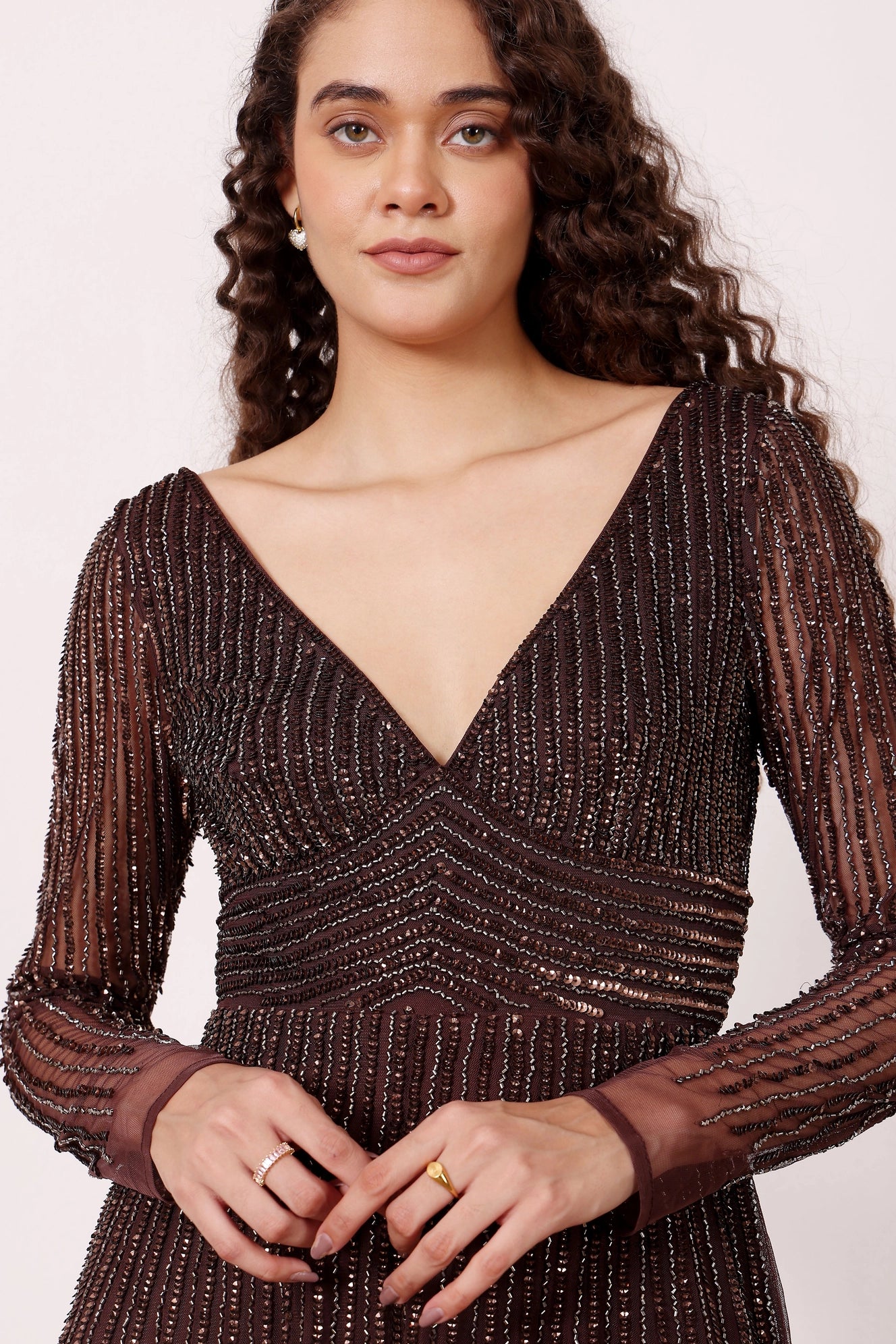 Laura Embellished Maxi Dress in Coffee Brown