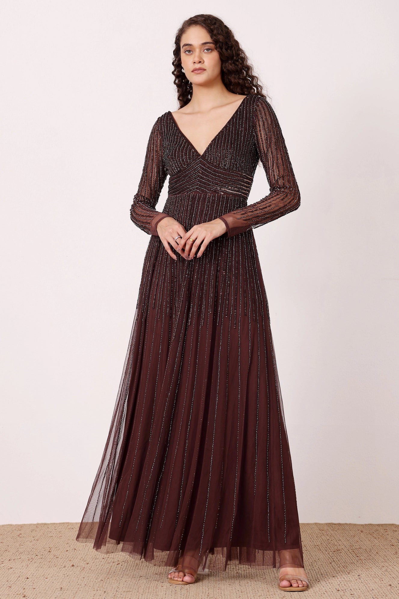 Laura Embellished Maxi Dress in Coffee Brown