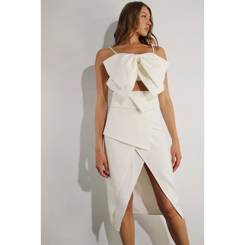 Layered Front Slit Skirt and Big Bow Top Set-Set-Mulla-S-OFF WHITE-Urbanheer