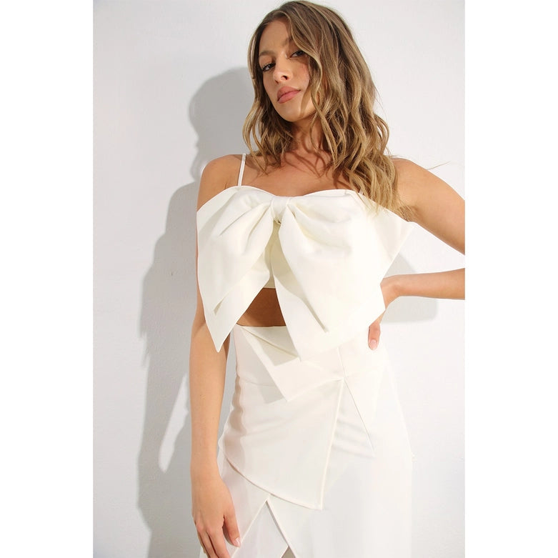 Layered Front Slit Skirt and Big Bow Top Set-Set-Mulla-S-OFF WHITE-Urbanheer