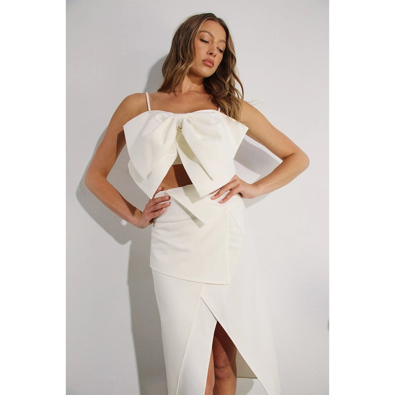 Layered Front Slit Skirt and Big Bow Top Set-Set-Mulla-S-OFF WHITE-Urbanheer