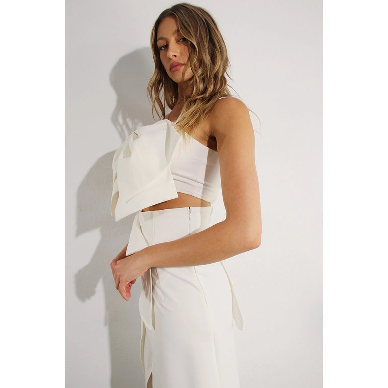 Layered Front Slit Skirt and Big Bow Top Set-Set-Mulla-S-OFF WHITE-Urbanheer