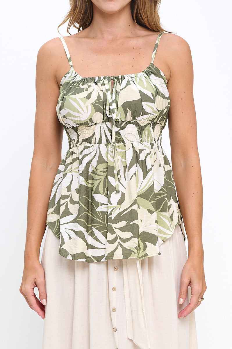 Leaf Print Spaghetti Strap Top with Smock Detail-New Arrival-Reneecollection-Small-OLIVE-Urbanheer