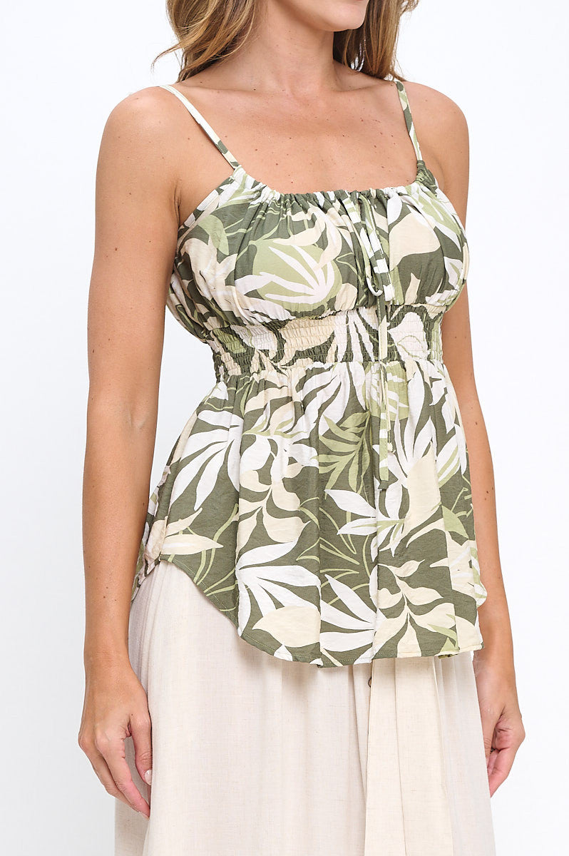 Leaf Print Spaghetti Strap Top with Smock Detail-New Arrival-Reneecollection-Small-OLIVE-Urbanheer