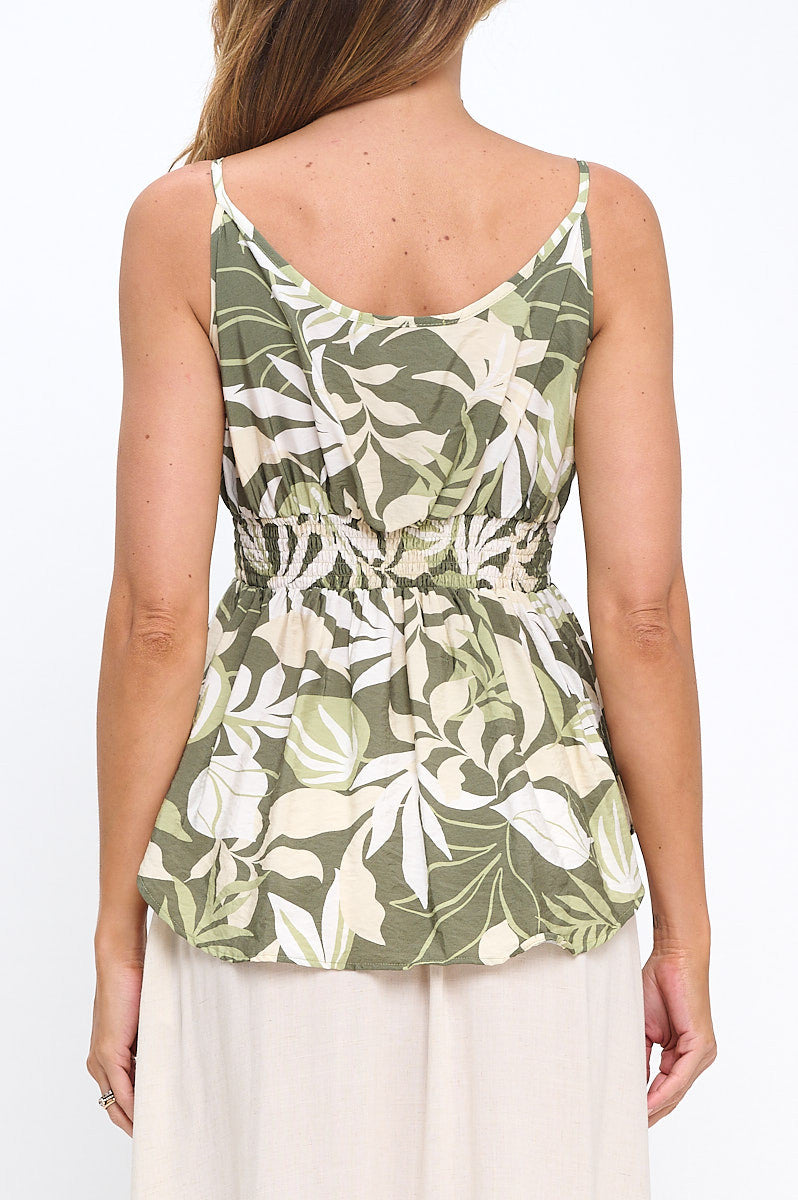 Leaf Print Spaghetti Strap Top with Smock Detail-New Arrival-Reneecollection-Small-OLIVE-Urbanheer