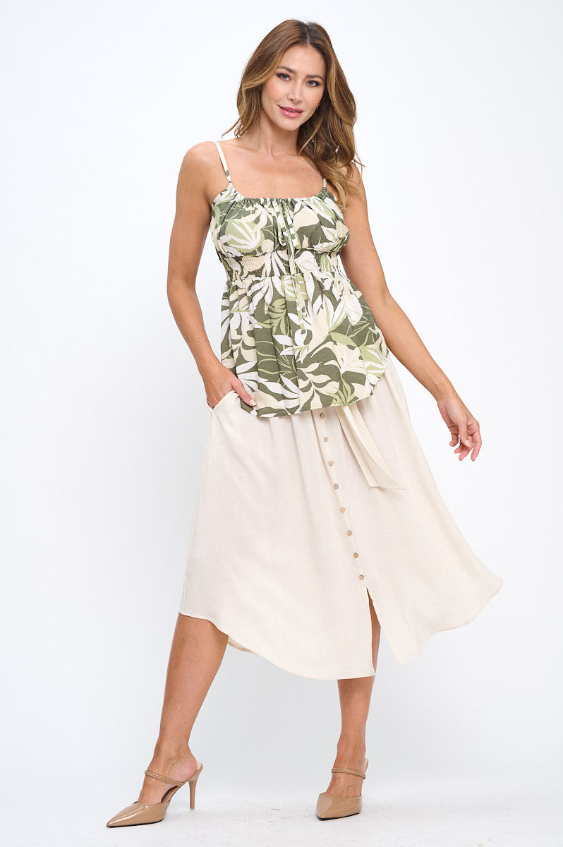 Leaf Print Spaghetti Strap Top with Smock Detail-New Arrival-Reneecollection-Small-OLIVE-Urbanheer