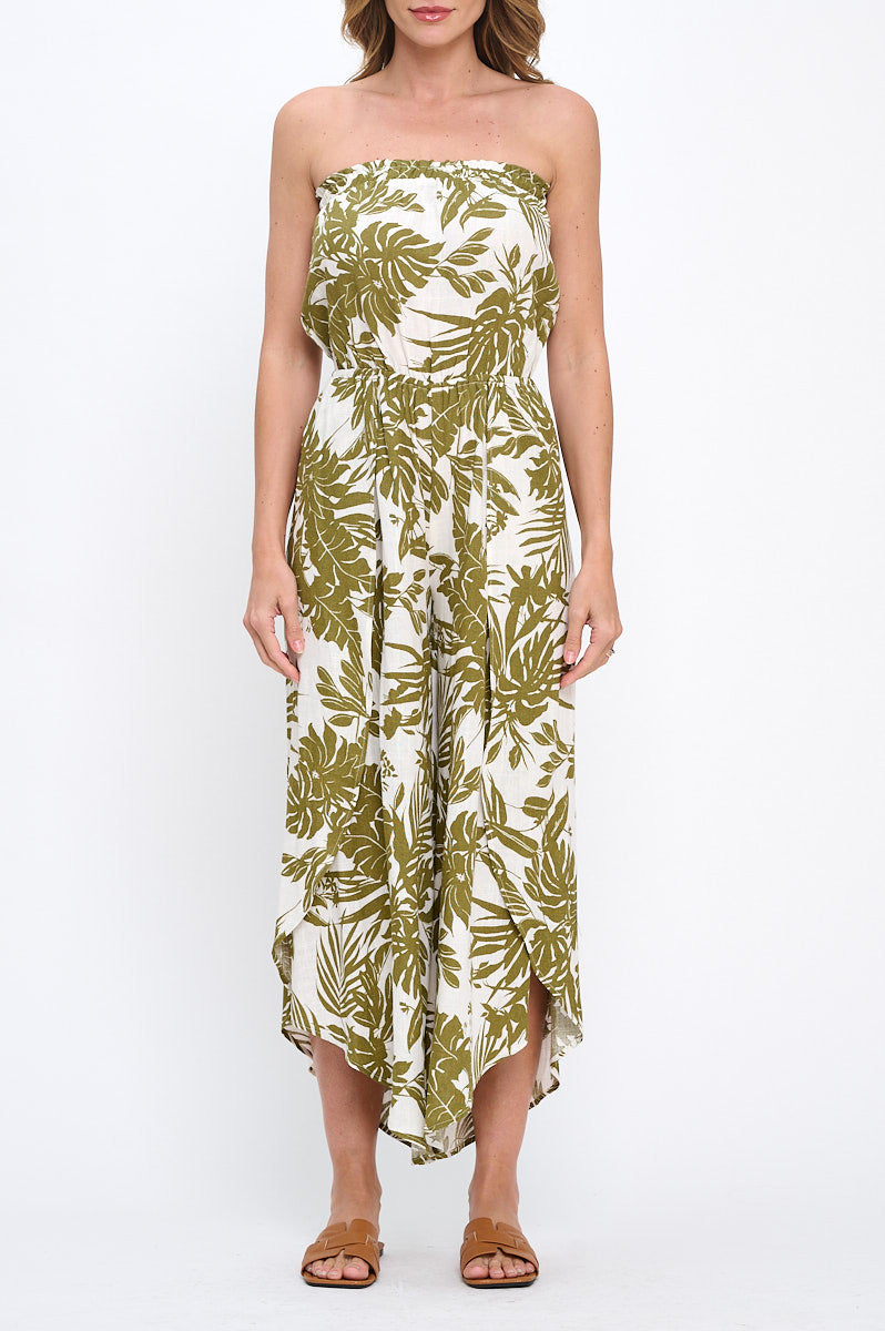Leaf Print Strapless Jumpsuit with Split Leg Detail-Jumpsuits-Reneecollection-Small-OLIVE/LINEN-Urbanheer
