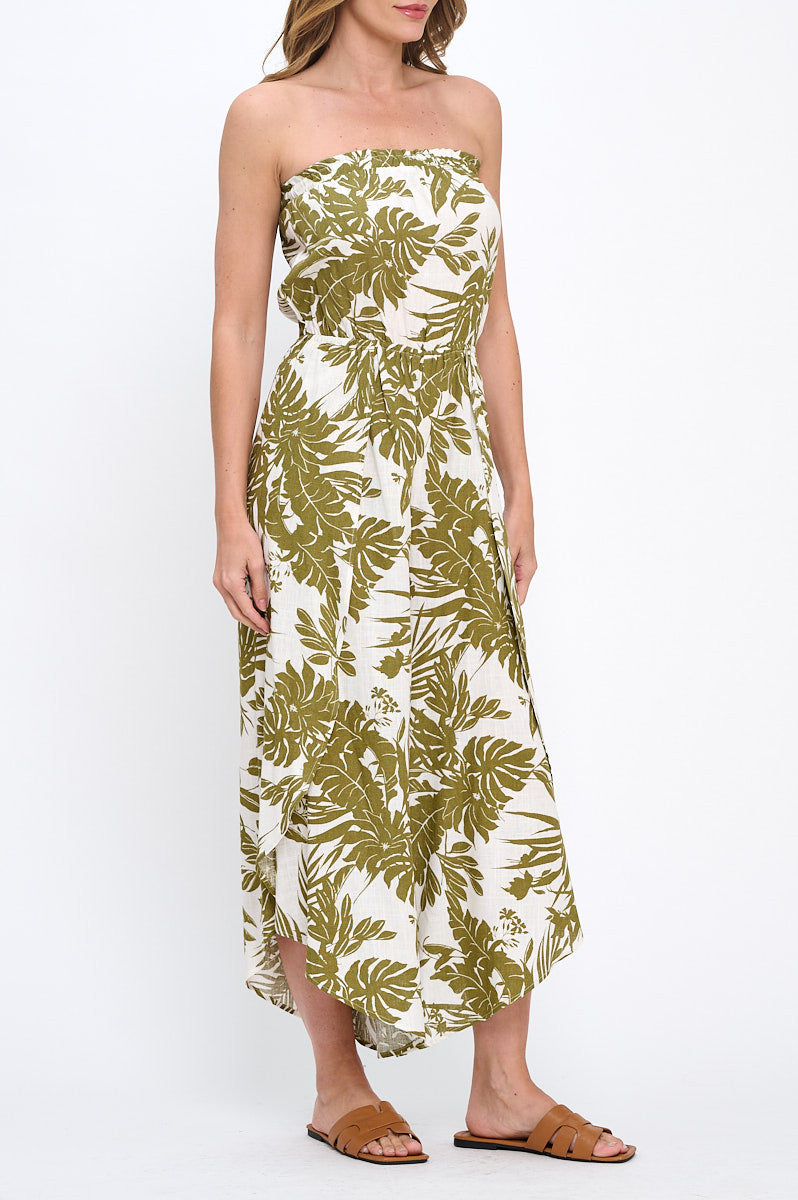 Leaf Print Strapless Jumpsuit with Split Leg Detail-Jumpsuits-Reneecollection-Small-OLIVE/LINEN-Urbanheer
