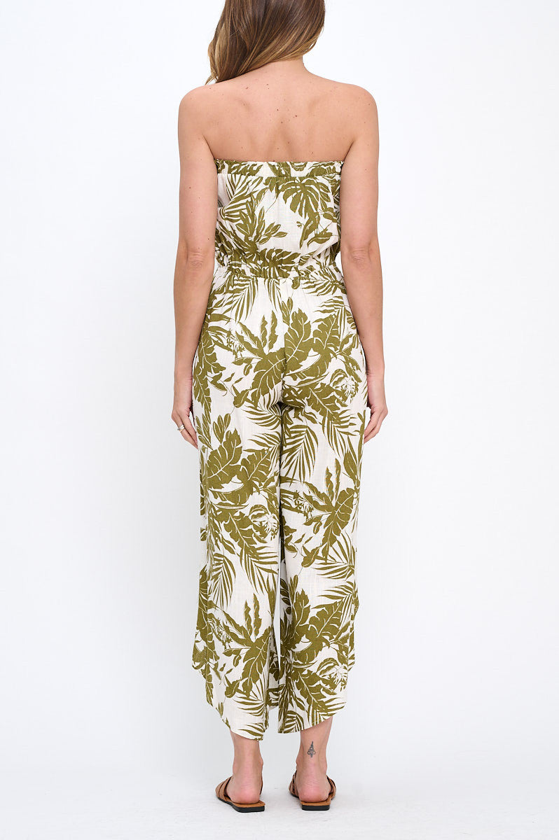 Leaf Print Strapless Jumpsuit with Split Leg Detail-Jumpsuits-Reneecollection-Small-OLIVE/LINEN-Urbanheer