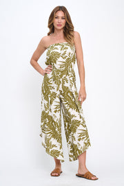 Leaf Print Strapless Jumpsuit with Split Leg Detail-Jumpsuits-Reneecollection-Small-OLIVE/LINEN-Urbanheer