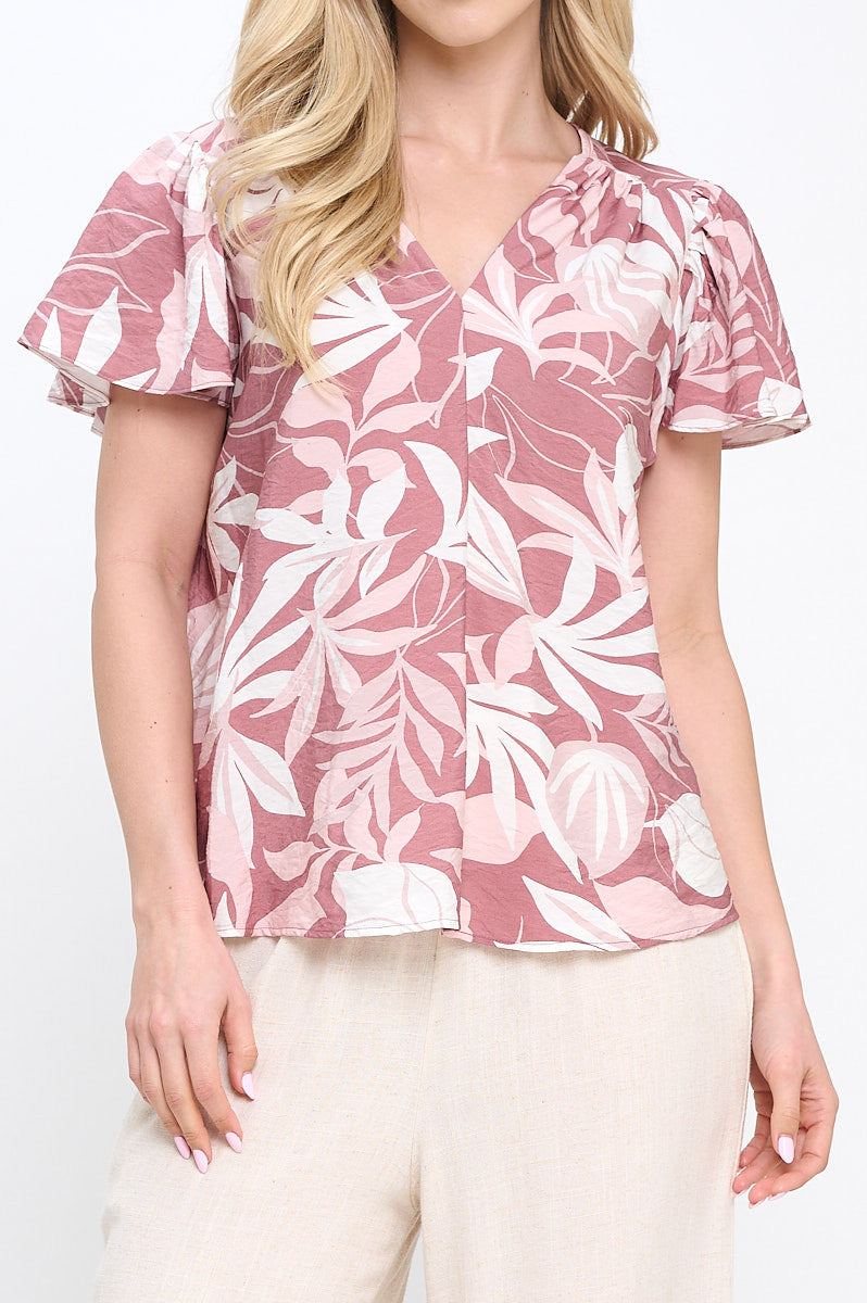 Leaf Print V neck Top with Flutter Sleeve-New Arrival-Reneecollection-Small-PINK-Urbanheer