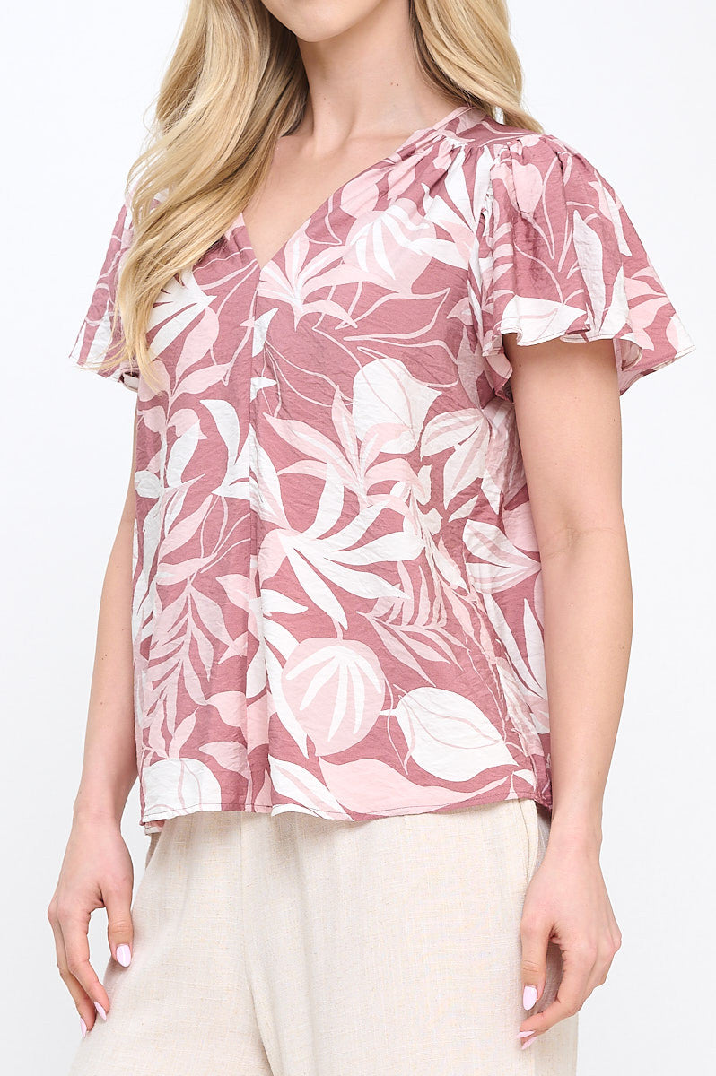 Leaf Print V neck Top with Flutter Sleeve-New Arrival-Reneecollection-Small-PINK-Urbanheer