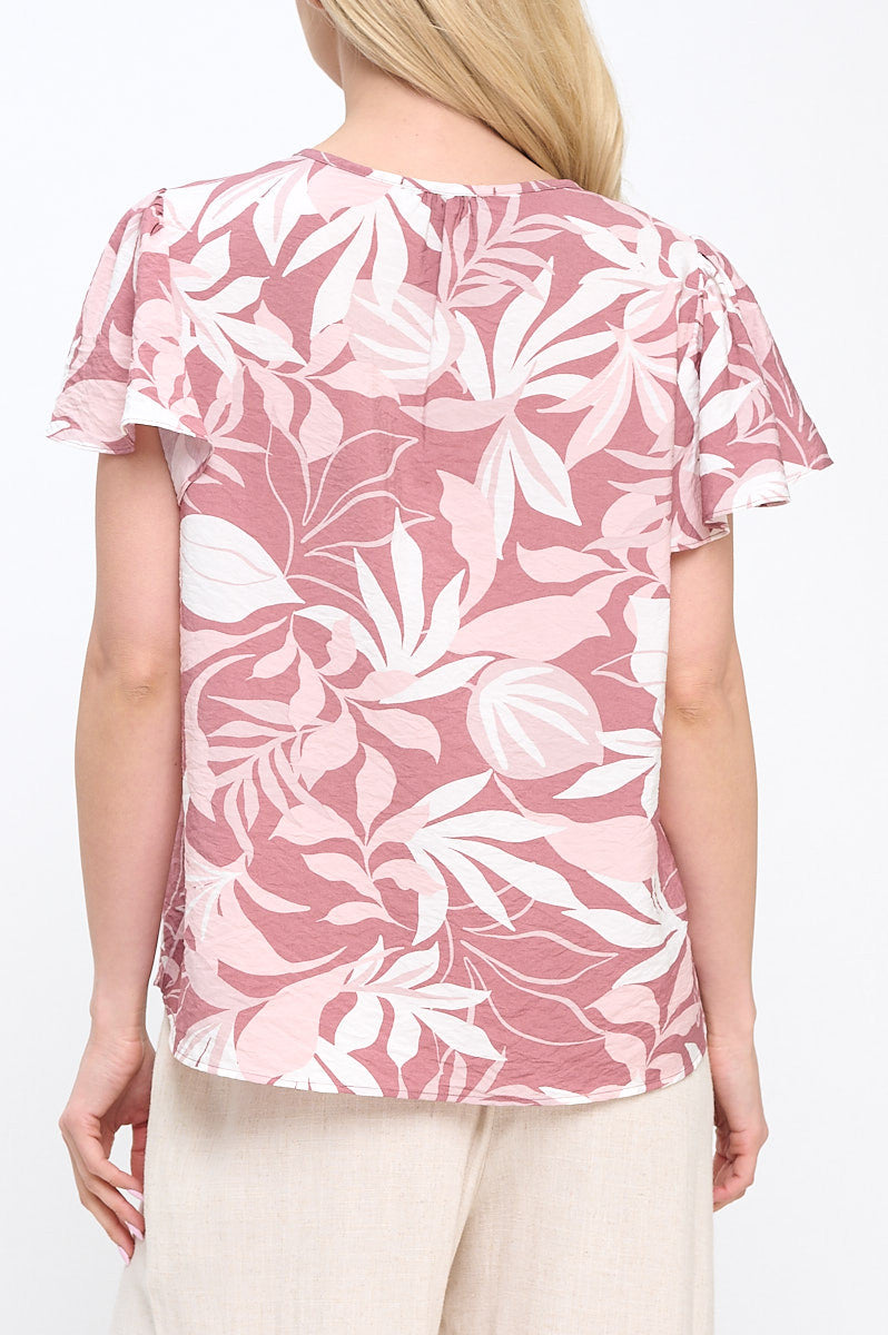 Leaf Print V neck Top with Flutter Sleeve-New Arrival-Reneecollection-Small-PINK-Urbanheer