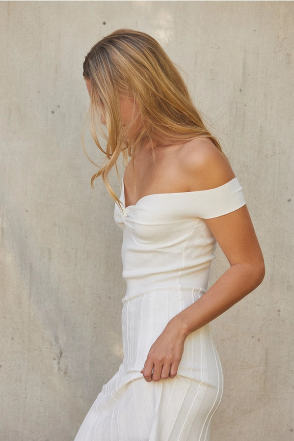 Leah Off Shoulder Crisscross Knit Dress-Dress-Crescent-XS-WHITE-Urbanheer