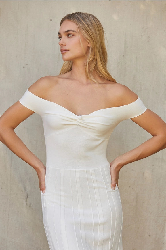 Leah Off Shoulder Crisscross Knit Dress-Dress-Crescent-XS-WHITE-Urbanheer
