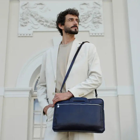 Leather Briefcase Laptop Bag - Brave New World Blue-Tote Bag-Time Resistance-Blue-Urbanheer
