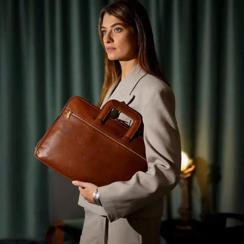 Leather Briefcase Laptop Bag - Brave New World Cognac-Tote Bag-Time Resistance-Cognac-Urbanheer