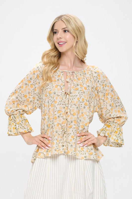 Lemon Print Cuffed Sleeve Top with Open Front Tie-New Arrival-Reneecollection-Small-YELLOW-Urbanheer