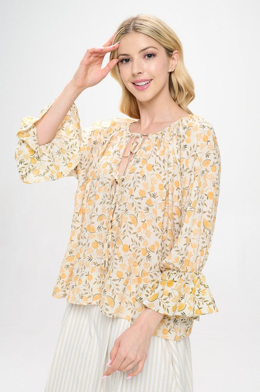 Lemon Print Cuffed Sleeve Top with Open Front Tie-New Arrival-Reneecollection-Small-YELLOW-Urbanheer