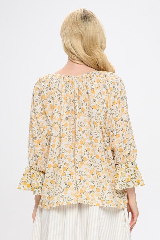 Lemon Print Cuffed Sleeve Top with Open Front Tie-New Arrival-Reneecollection-Small-YELLOW-Urbanheer