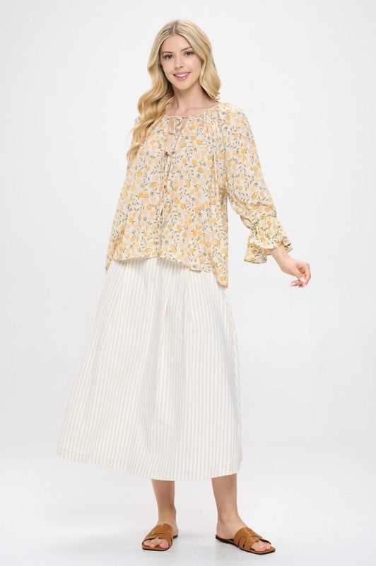Lemon Print Cuffed Sleeve Top with Open Front Tie-New Arrival-Reneecollection-Small-YELLOW-Urbanheer
