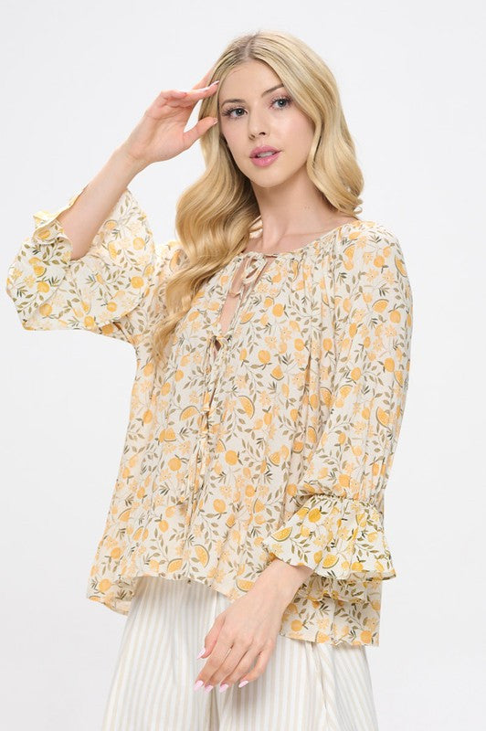Lemon Print Cuffed Sleeve Top with Open Front Tie-New Arrival-Reneecollection-Small-YELLOW-Urbanheer
