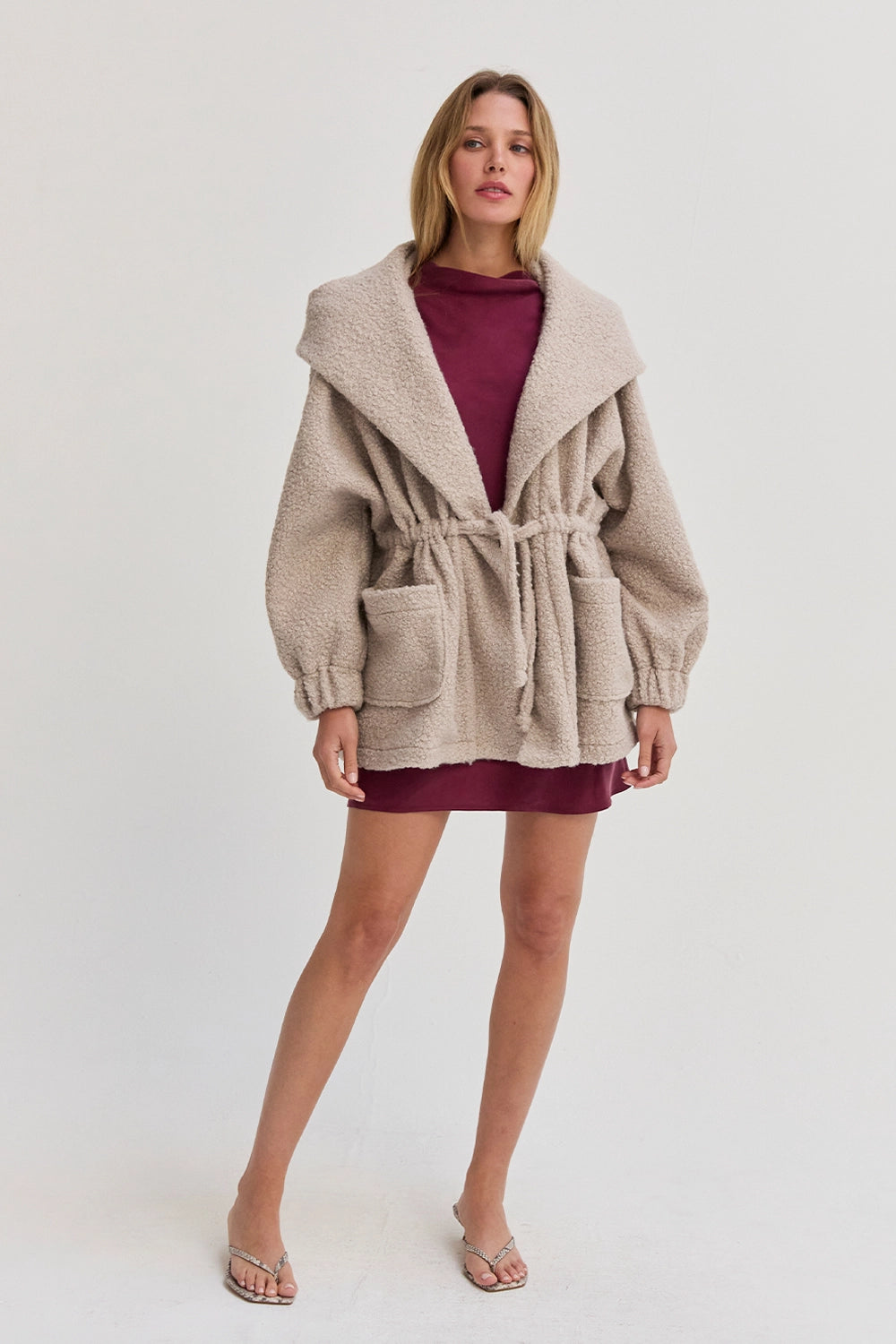 Lenny Drawstring Waist Hooded Bouclé Jacket