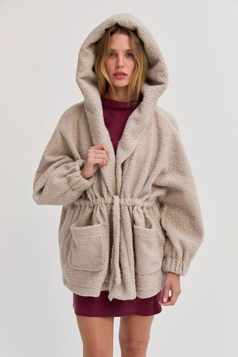 Lenny Drawstring Waist Hooded Bouclé Jacket