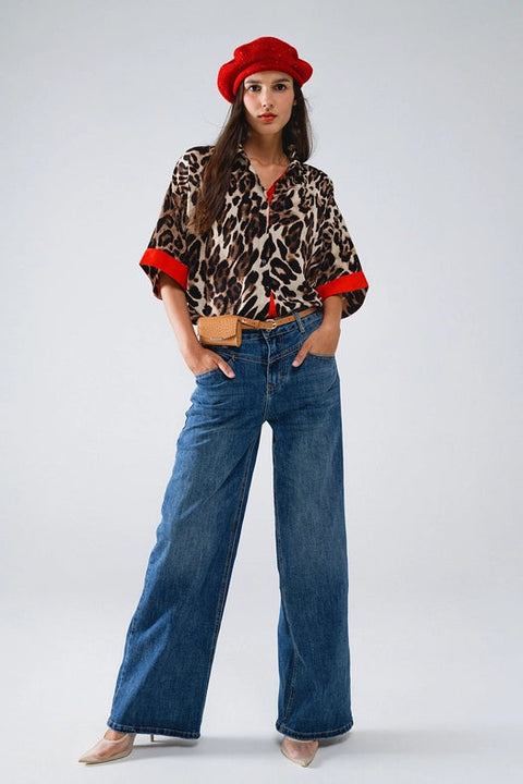 Leopard 3/4 Sleeves Shirt with Red Details-Shirt-Q2-S-Brown-Urbanheer