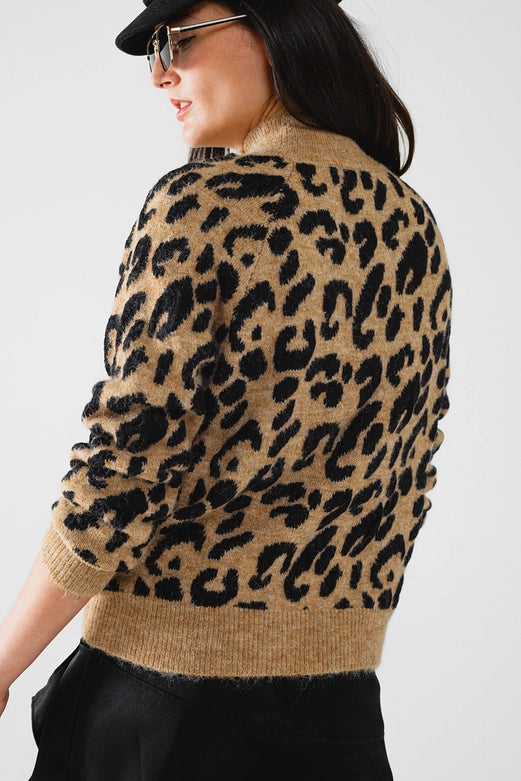 Leopard Knit Sweater with Buttons On the Side-Sweaters-Q2-OS-Brown-Urbanheer