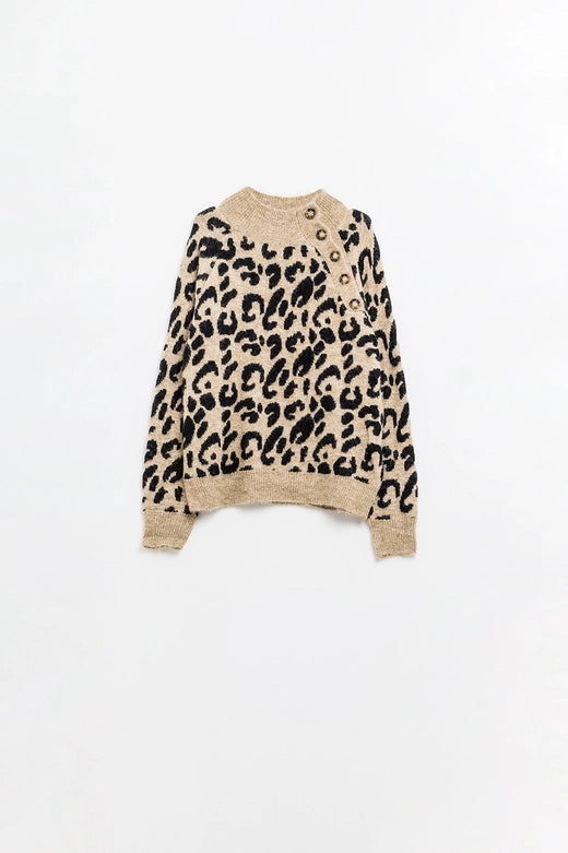 Leopard Knit Sweater with Buttons On the Side-Sweaters-Q2-OS-Brown-Urbanheer