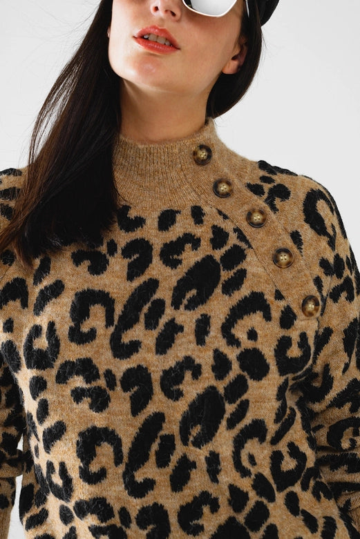Leopard Knit Sweater with Buttons On the Side-Sweaters-Q2-OS-Brown-Urbanheer