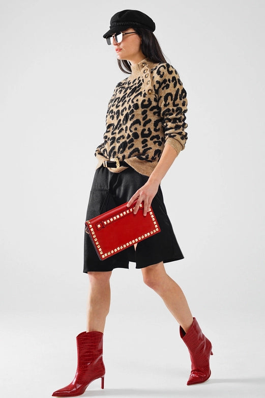 Leopard Knit Sweater with Buttons On the Side-Sweaters-Q2-OS-Brown-Urbanheer