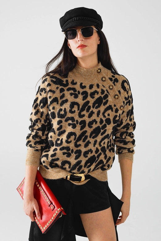 Leopard Knit Sweater with Buttons On the Side-Sweaters-Q2-OS-Brown-Urbanheer