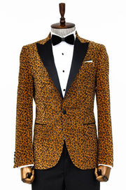 Leopard Pattern Slim Fit Peak Lapel Yellow Men Prom Blazer-Blazer-Wessi-36-Brown-Urbanheer
