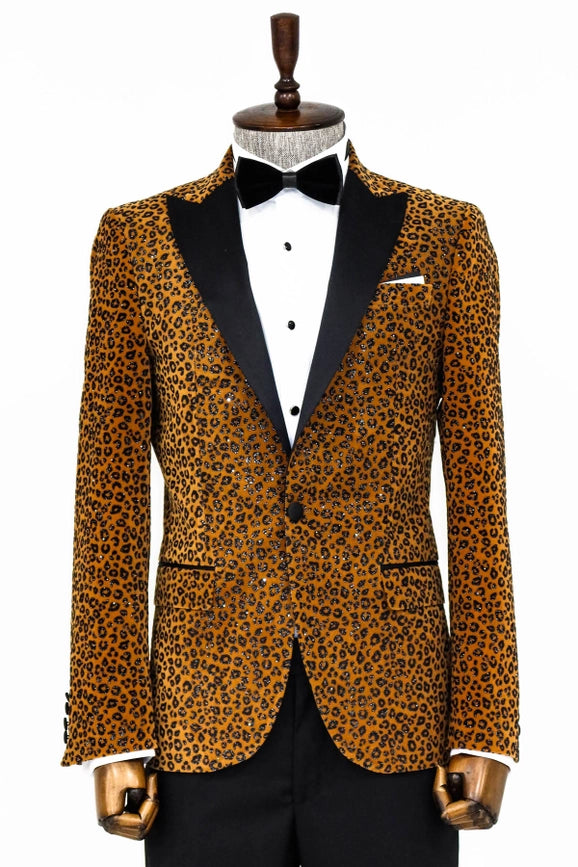 Leopard Pattern Slim Fit Peak Lapel Yellow Men Prom Blazer-Blazer-Wessi-36-Brown-Urbanheer
