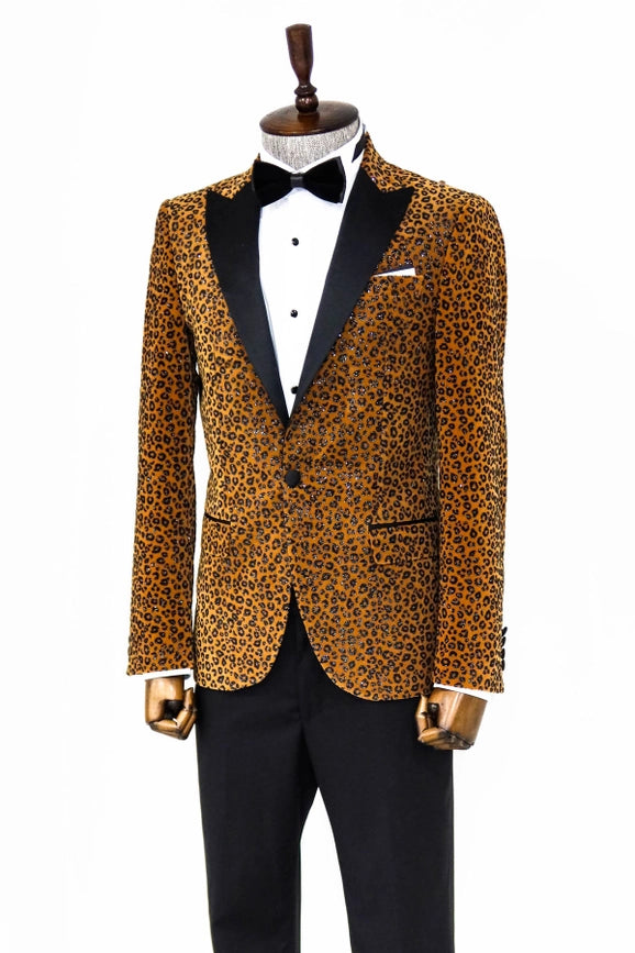Leopard Pattern Slim Fit Peak Lapel Yellow Men Prom Blazer-Blazer-Wessi-36-Brown-Urbanheer