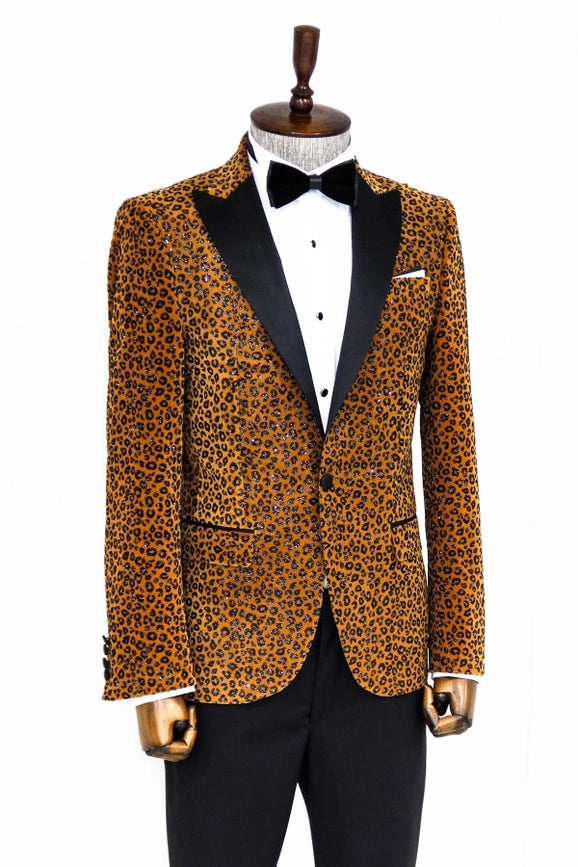 Leopard Pattern Slim Fit Peak Lapel Yellow Men Prom Blazer-Blazer-Wessi-36-Brown-Urbanheer