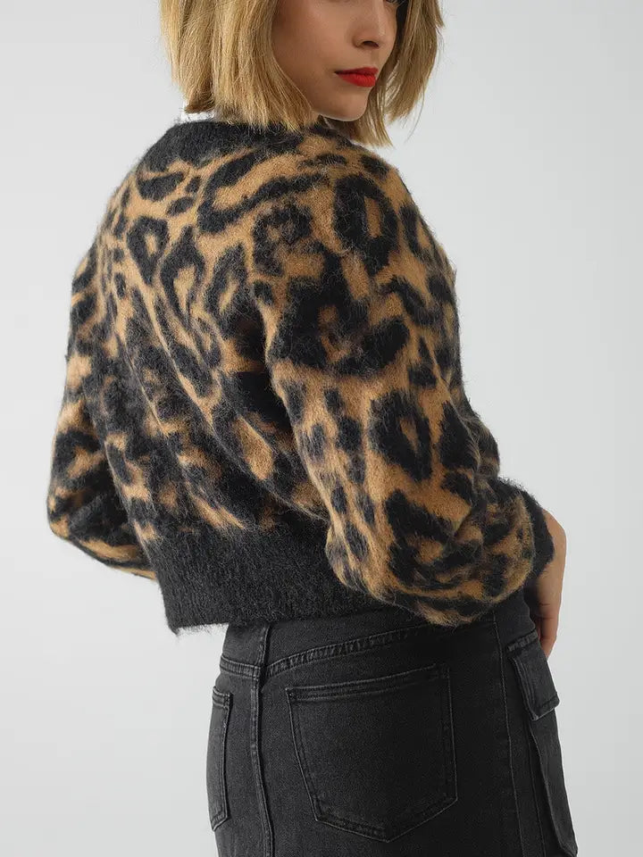 Leopard Print Cardigan Made of Knitted Fabric with Wool in Camel-Cardigan-Q2-One Size-Black-Urbanheer