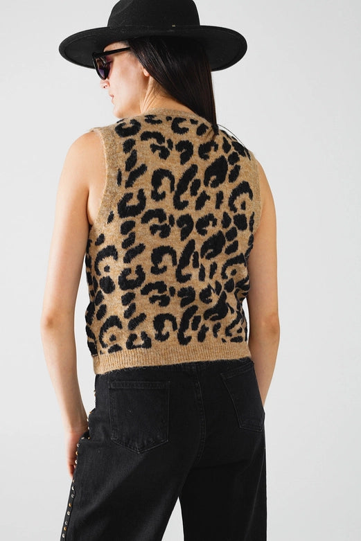 Leopard Print Knitted Vest-Vest-Q2-OS-Brown-Urbanheer