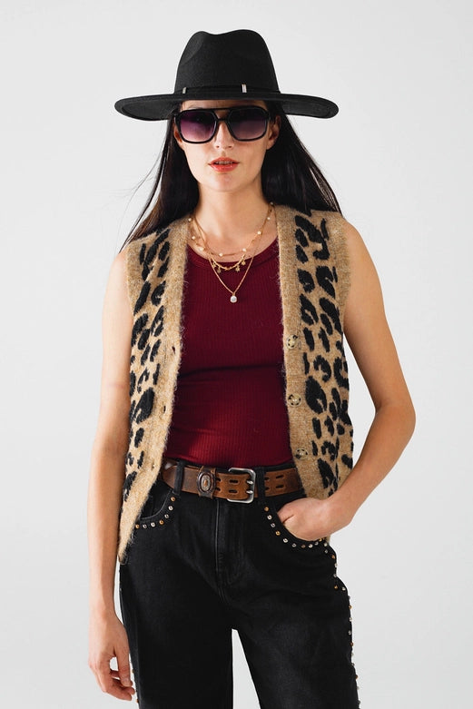 Leopard Print Knitted Vest-Vest-Q2-OS-Brown-Urbanheer