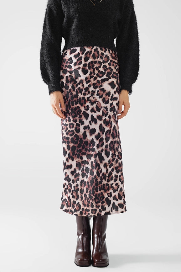 Leopard Print Mid-Rise Flared Midi Skirt-Skirt-Q2-S-Brown-Urbanheer