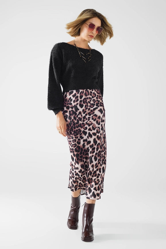 Leopard Print Mid-Rise Flared Midi Skirt-Skirt-Q2-S-Brown-Urbanheer